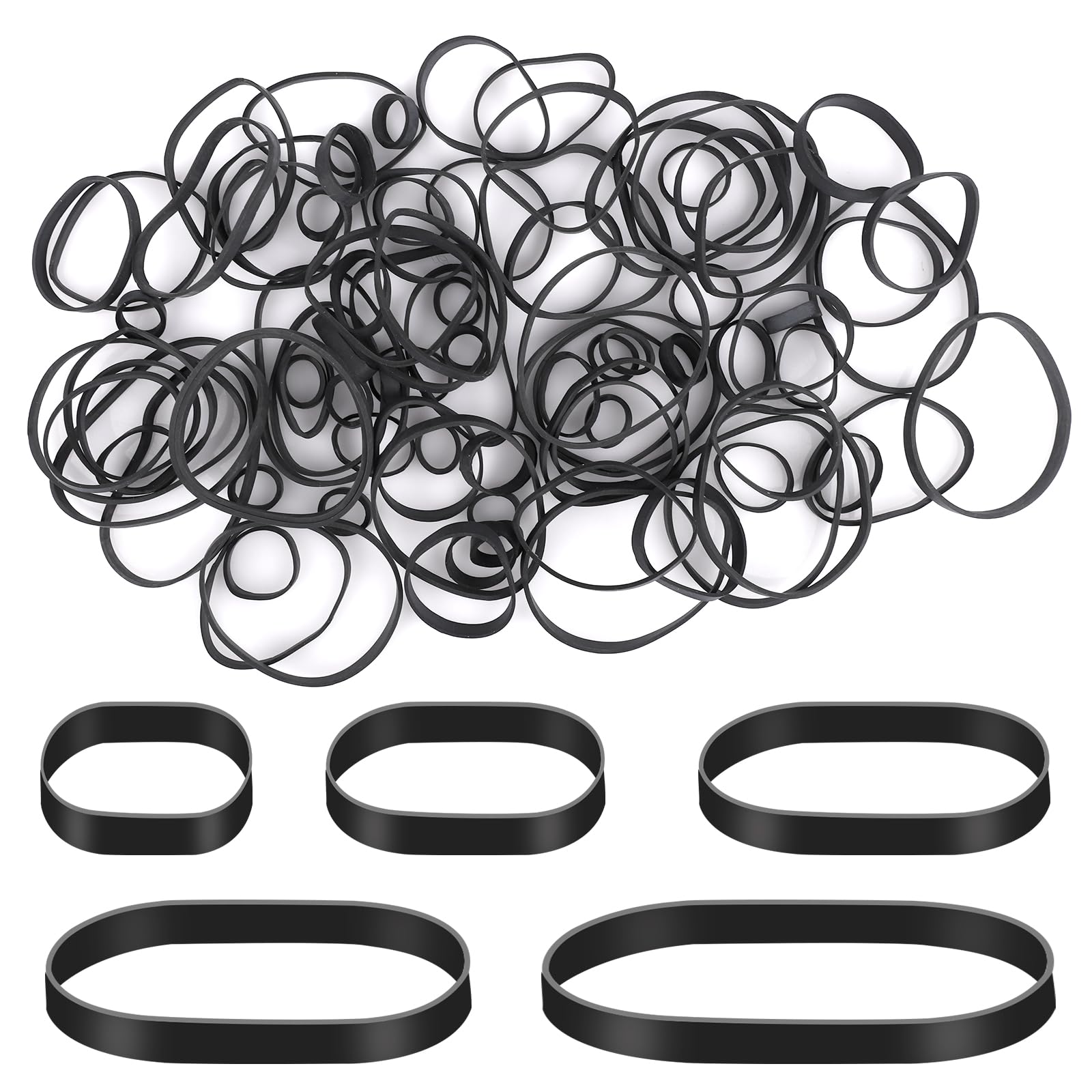 100pcs Black Rubber Bands, 5 Sizes Heavy-Duty Thick Rubber Band Assorted Wide Elastic Band for Litter Box File Folder Camping Hiking Home School Office Supplies (3.35/2.56/2.17/1.38/0.79in)