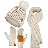 ATRIYFUL Womens Winter Beanie Hat Scarf Gloves Set, Christmas Gifts for Women, Womens Pom Pom Beanie Warm Long Knit Scarf Neck Warmer Touchscreen Gloves Winters Accessories for Cold Weather