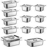 Maxdot 12 Set Stainless Steel Hotel Pan 1/2 1/4 1/6 Size 4 Inch Deep with Lids, Stainless Steel Steam Table Pan, Commercial Food Pans for Restaurant Catering Salad Bar Party Supplies Metal Steam Tray