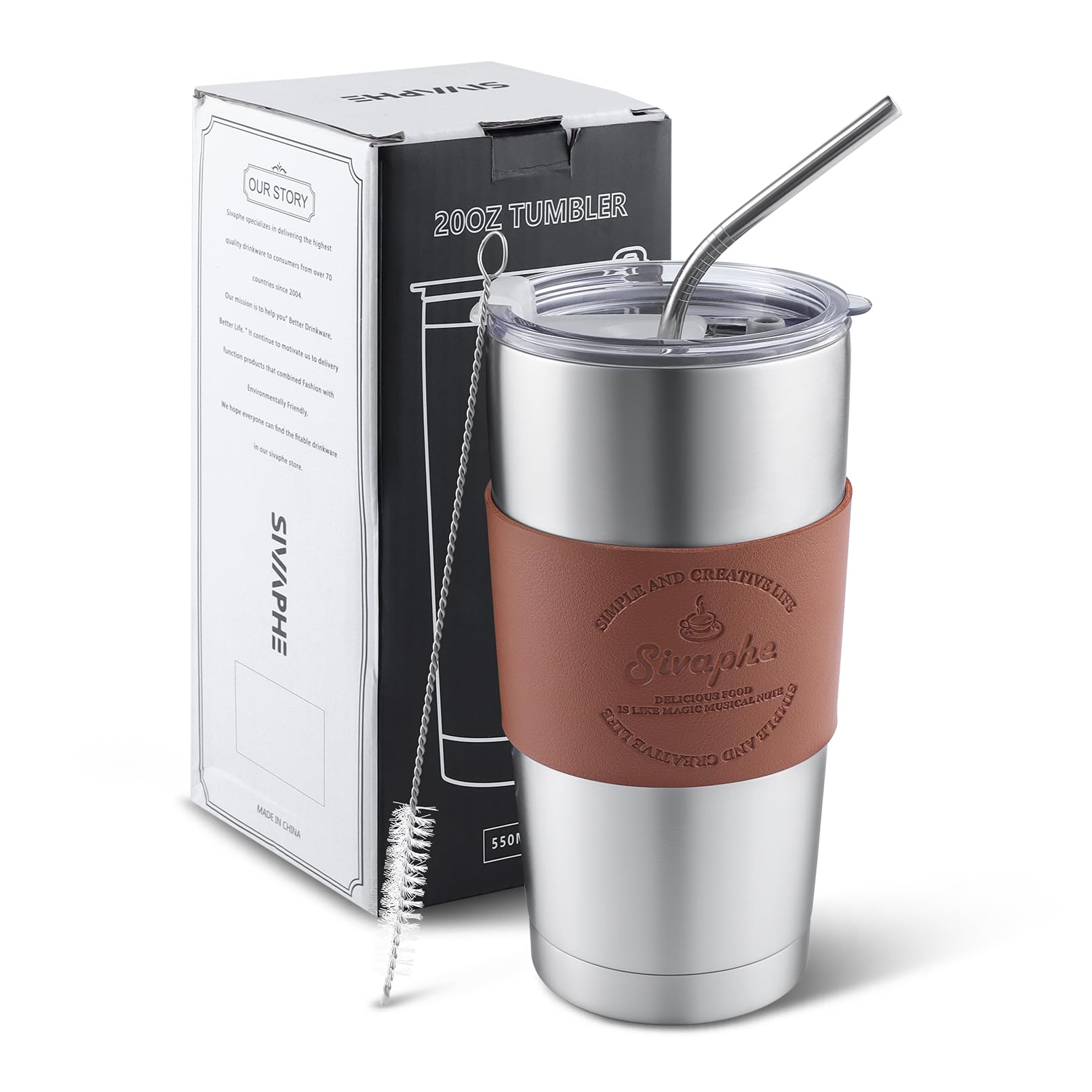 Sivaphe 20OZ Cup Stainless Steel Travel Tumbler Insulated Coffee Cup Double Wall Vacuum with Straw and Lids 550ML for Men Women
