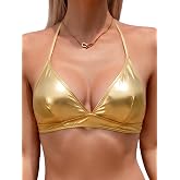 Womens Metallic Bikini Tops Halter V Neck Padded Bralette Bra String Shiny Rave Crop Bathing Suit Tie Back Swimsuit Top