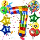 40 Inch Building Block Number Balloon, Colorful Number Block Foil Balloons Large Big Numbers Helium Balloon for Girls Boys 7th Birthday Brick Theme Party Decorations (Number 7)