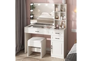 Fameill White Vanity Desk with Mirror and Lights,Glass Top Vanity Table with 3 Drawers and Cabinets,Large HD Mirror Makeup Desk,3 Lighting Modes, Brightness Adjustable,45 in(L)