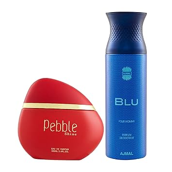 Maryaj Pebble Shine Eau De Parfum Floral Fruity Perfume 100ml for Women and Ajmal Blu Homme Deodorant Aquatic Woody Fragrance 200ml for Men + 2 Parfum Testers FREE