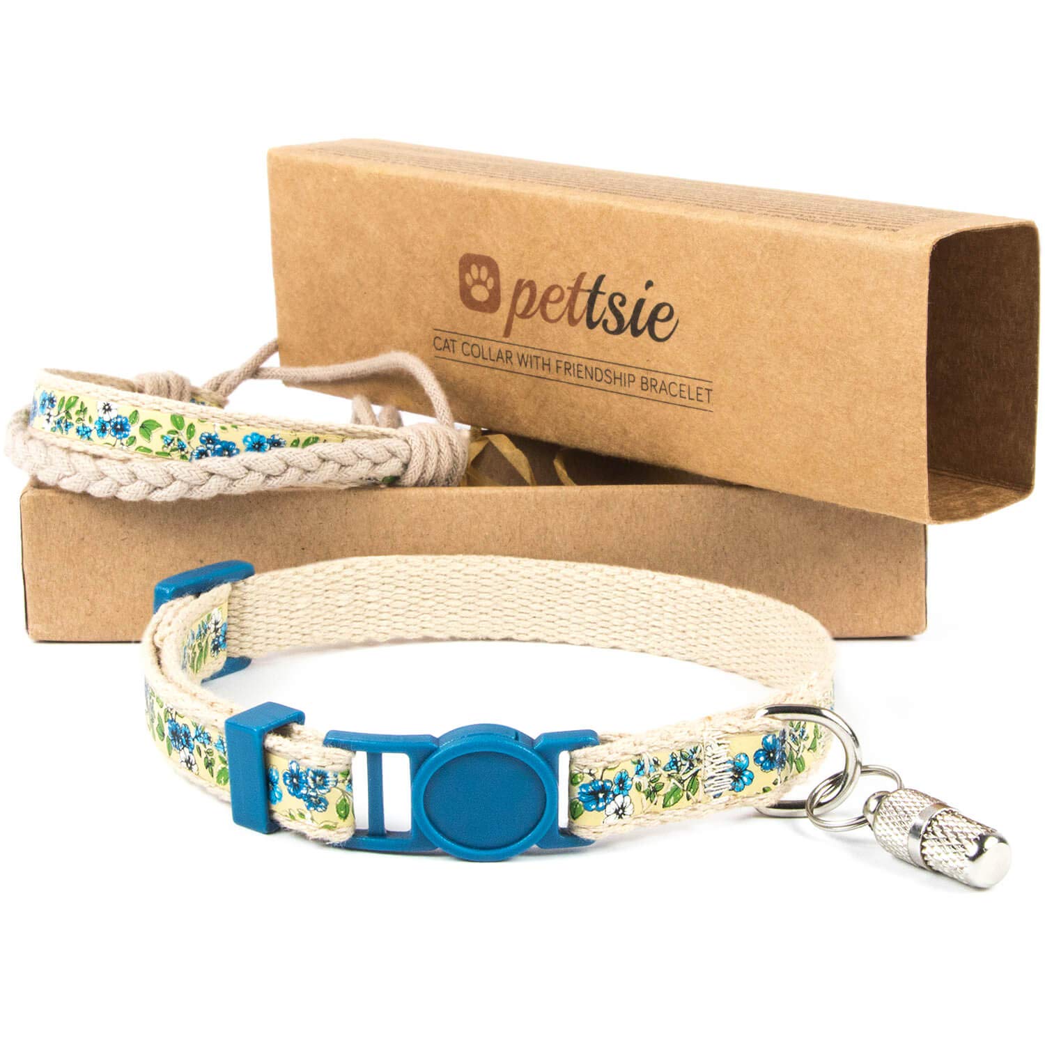 Pettsie Breakaway Kitten Collar & Matching Bracelet, Adjustable Collar 12.7-20.3 cm, Safety Buckle, Soft Cotton, ID Tag Included, Blue
