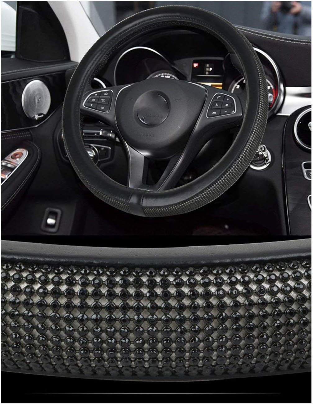 U&M Leather Steering Wheel Cover, Crystal Bling Bling Rhinestones Non-Slip Women Steering Wheel Protector Available for 38cm (Black)