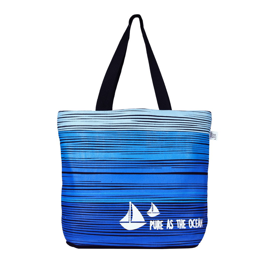 ecoright reusable 100% jute cotton ecofriendly large tote bag printed "blue ocean"