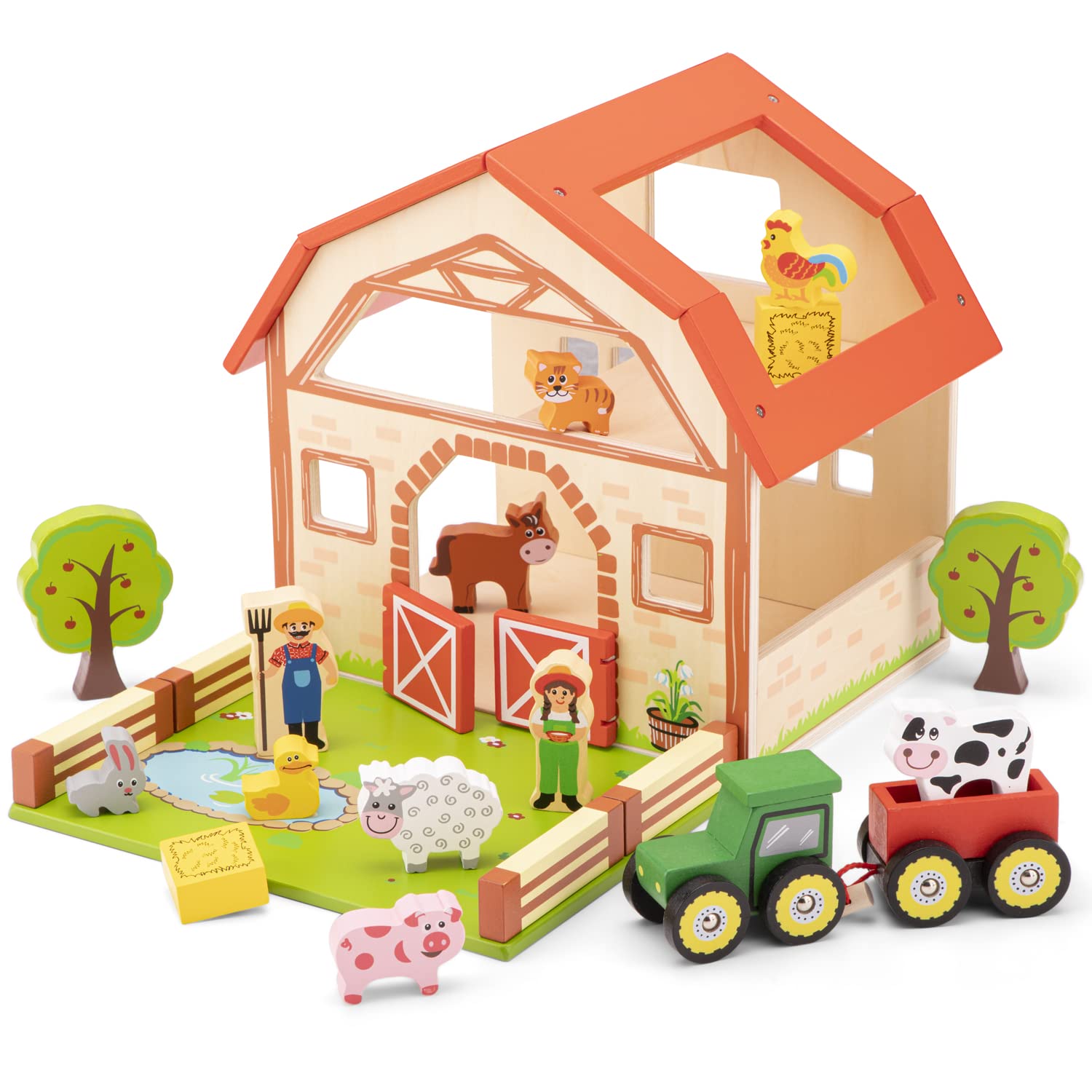 Woet® Wooden Toy Farm House Playset for Kids - Farm Animals and Accessories - Small World Play - Pretend Play Toy - Age 2 Years+
