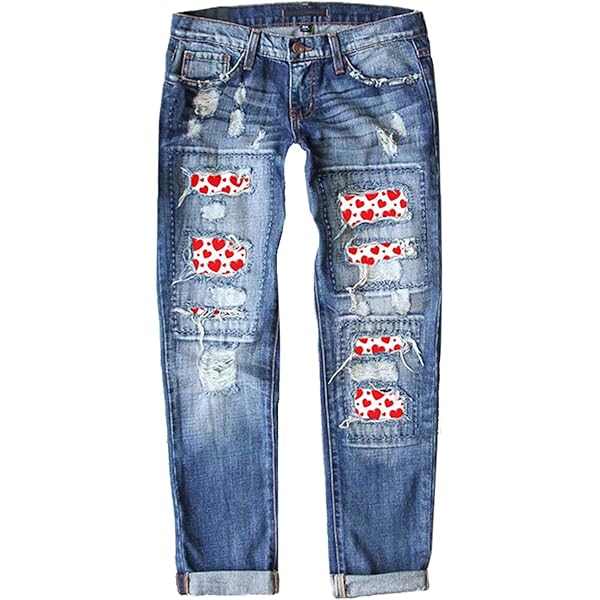 Mode luxe Womens Ripped Jeans Plaid Patch Boyfriend Skinny