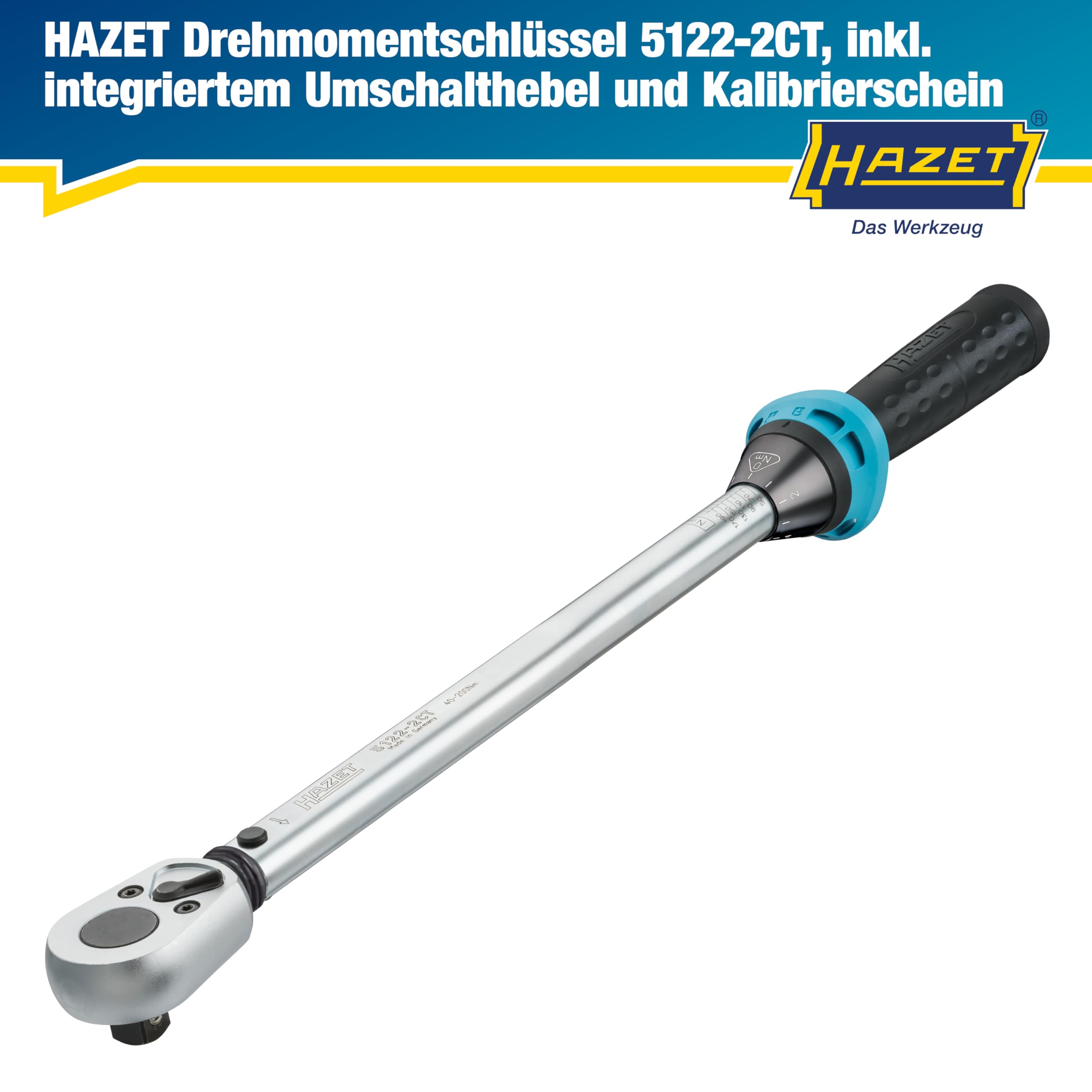 Hazet Drehmomentschlüssel 5122-2CT I Abtrieb: Vierkant 12,5 mm, 1/2 Zoll, Toleranz: 4%, 32 Zähne Betätigungswinkel 11,25 Grad I anwenderfreundliche Umschaltknarre für Auto und Fahrrad I 519mm 2