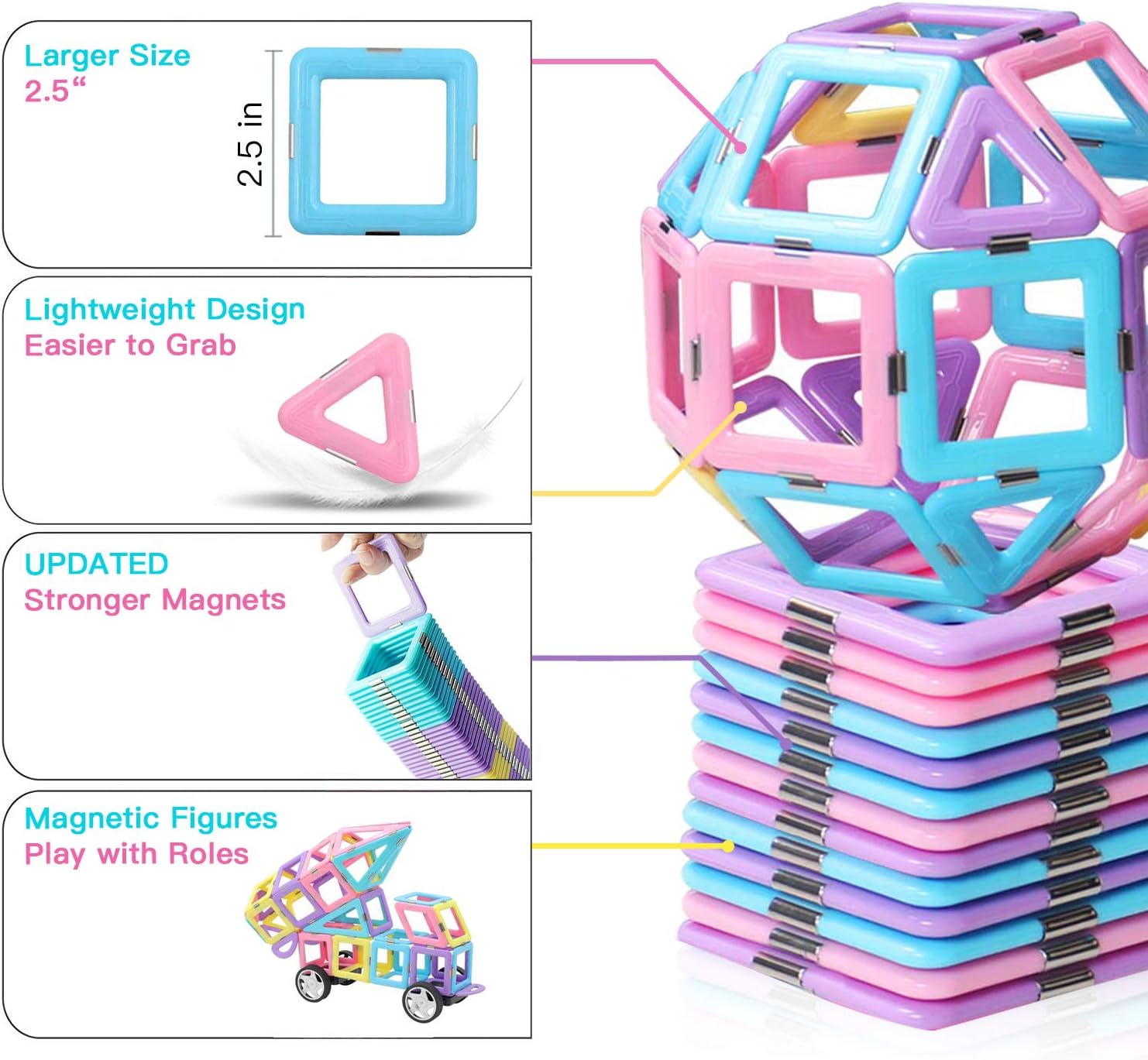HLAOLA Magnetic Blocks 133PCS Upgrade Magnetic Building Blocks Magnetic Tiles Educational Toys Tiles Set for Kids Magnet Stacking Toys for Kids Children Age 3 4 5 6 7 Year Old (3D Macaron Colors): Toys & Games