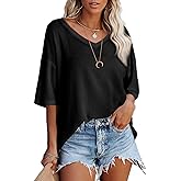SHEWIN Women's Casual V Neck Waffle Knit Tunic Tops Batwing Short Sleeve Shirts Loose Blouses