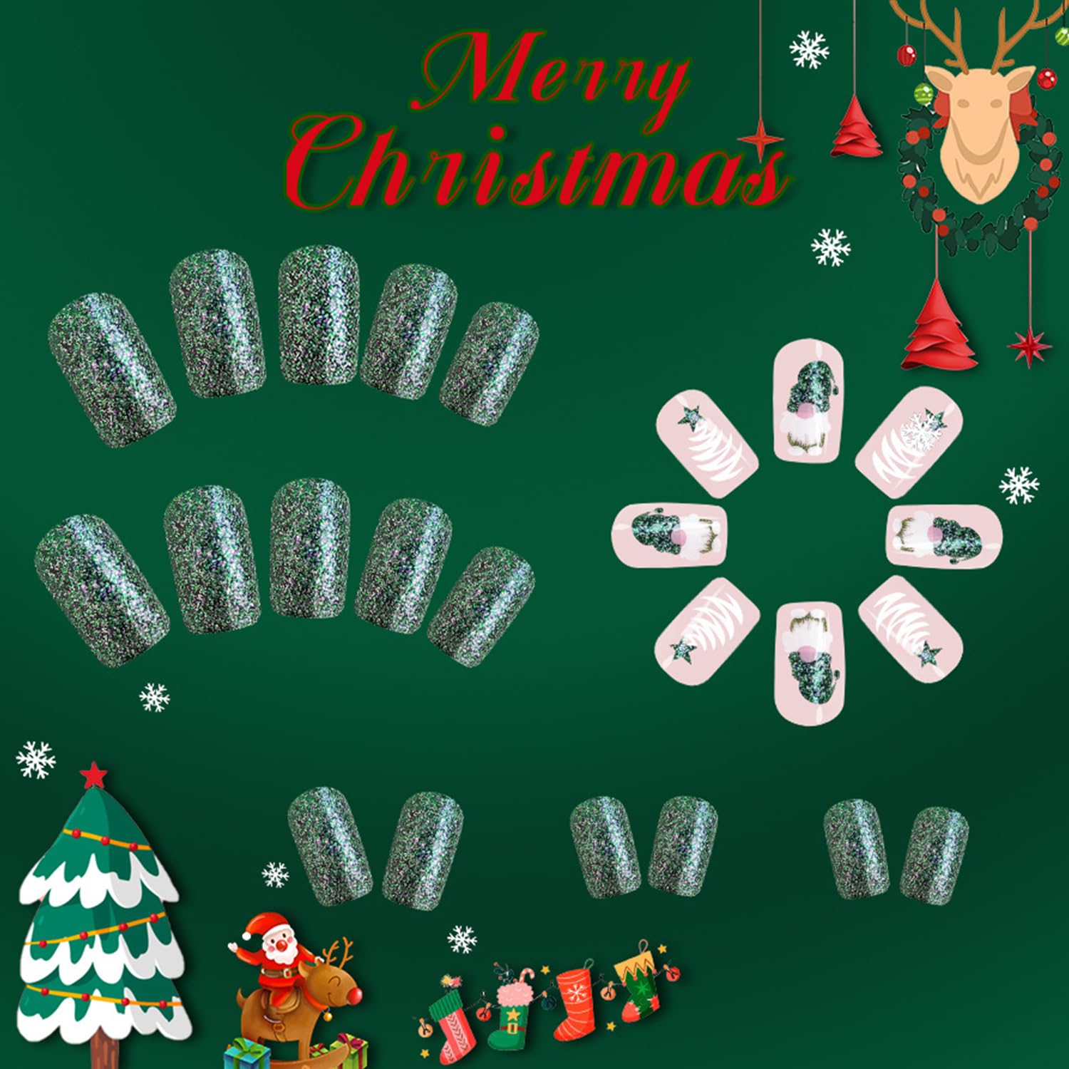 Christmas Press On Green Glitter Gnome Glue On Medium Square False Nails - Winter Xmas Acrylic Nails for Women & Girls - Image 2