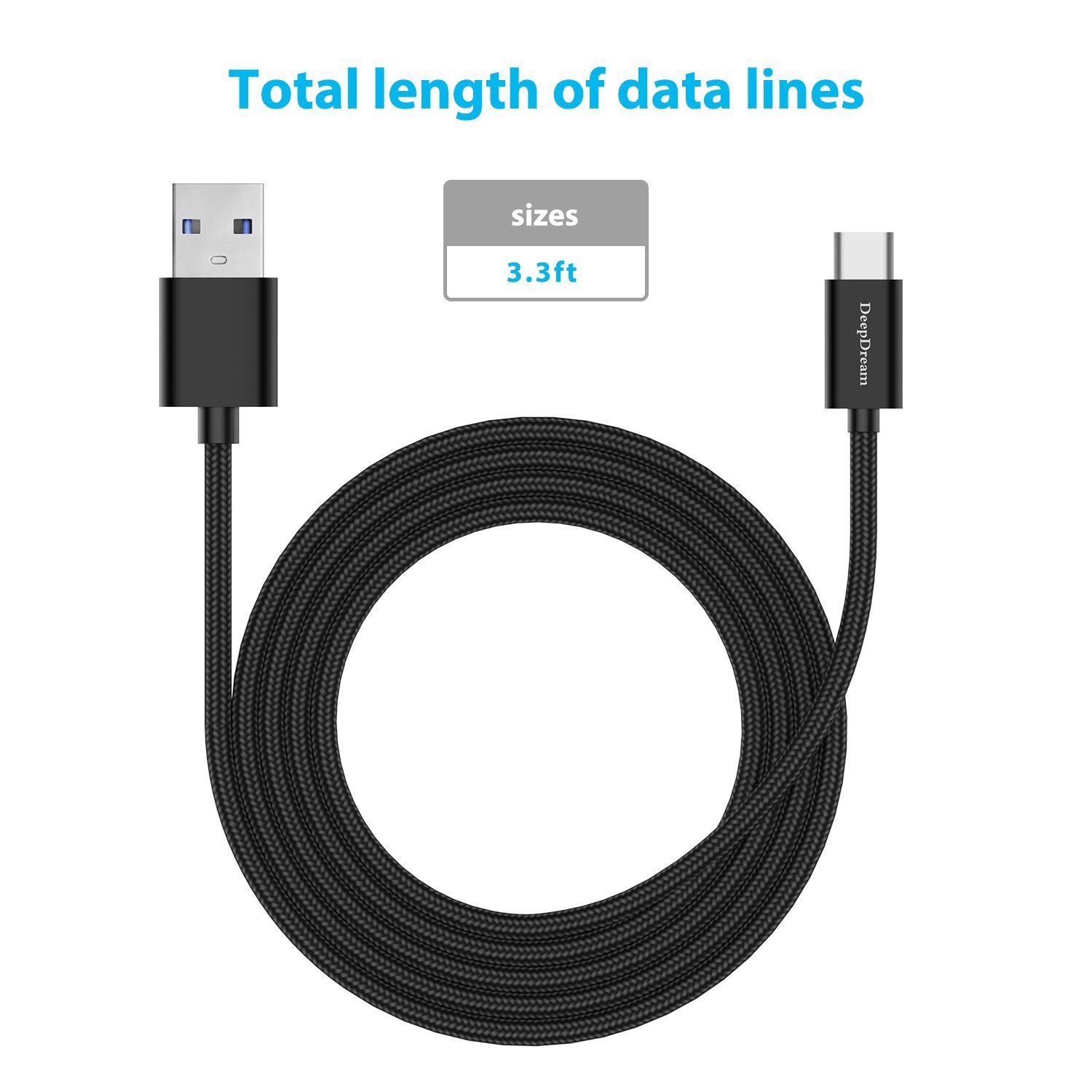 DeepDream USB Type C Cable to USB 3.0 Fast Charger and High Speed Transfer Nylon Braided 3.3Ft Cable for Galaxy Note 8, S8, Google Pixel, and More - Black