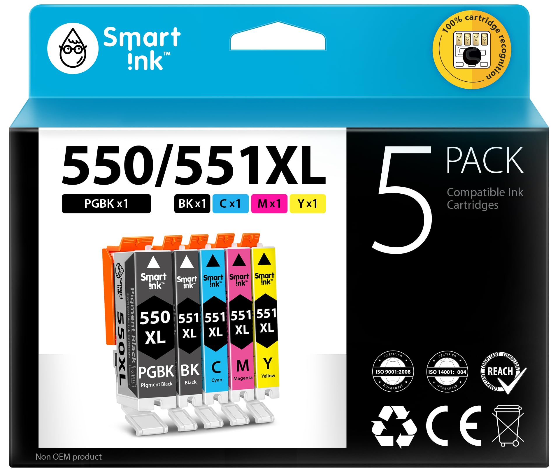 Smart Ink Compatible Ink Cartridge Replacement for Canon PGI 550 XL 550XL CLI 551XL 551 (PGBK & BK/C/M/Y 5 combo pack) to use with PIXMA MG5450 MG5550 MG5650 MG6650 MX725 MG6450 iP7250 iX6850 MX925