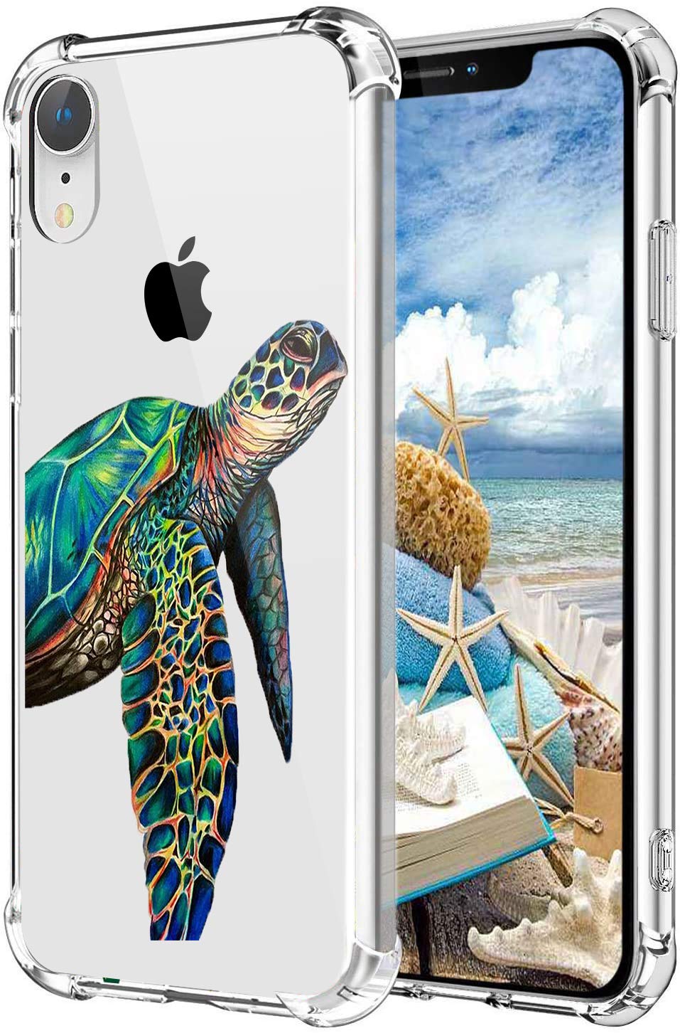 MAYCARI Sea Turtle Case Clear for iPhone XR, Art Animals Design Transparent Shockproof Anti-Scratch Soft Flexible TPU Cover with Air Cushion for Men&Women
