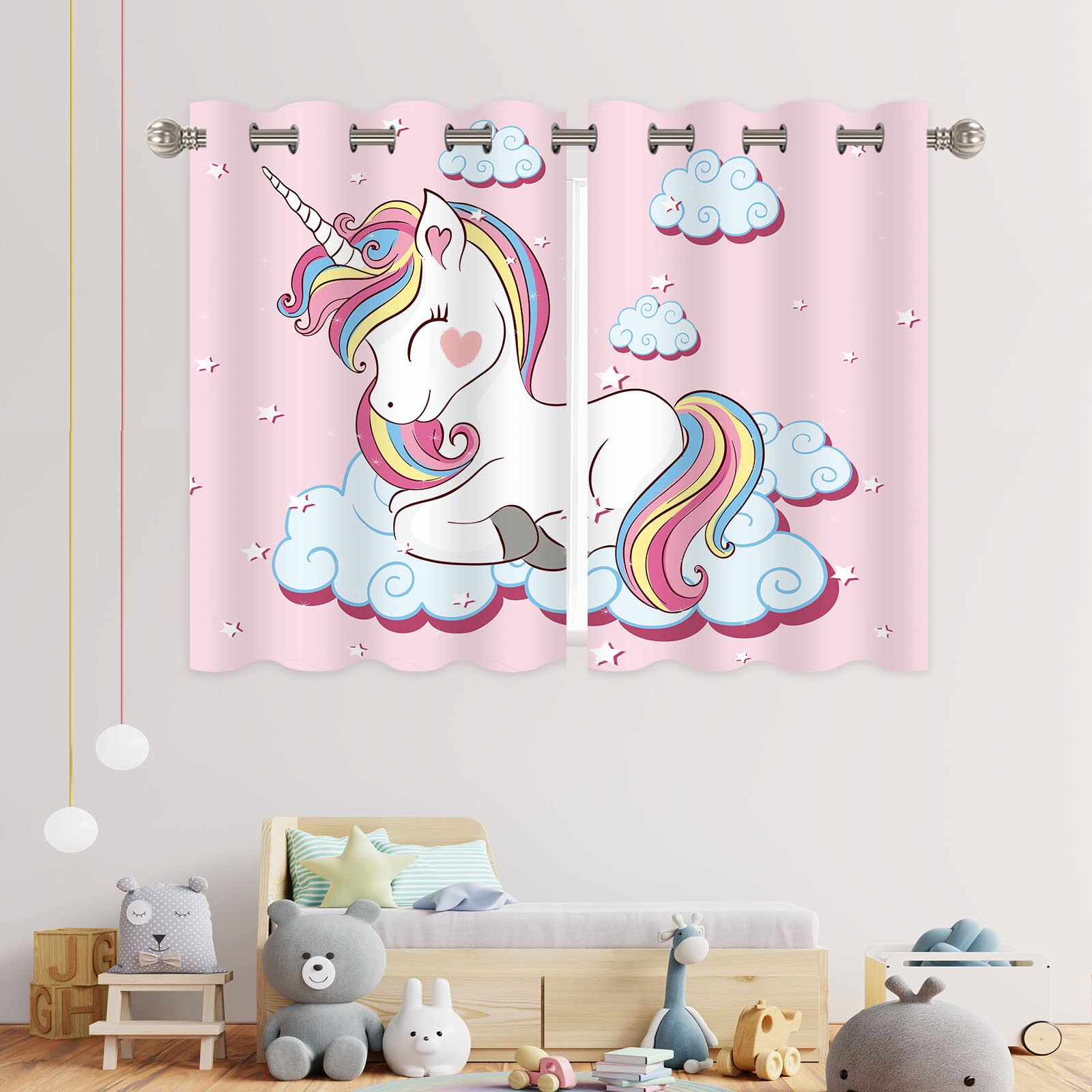 YISURE Nursery Cartoon Curtains, Unicorn Rainbow Blackout Curtain for Kids' Bedroom, Darkening Eyelet Window Drapes with Grommets- 42x55 Inch 2 Panels