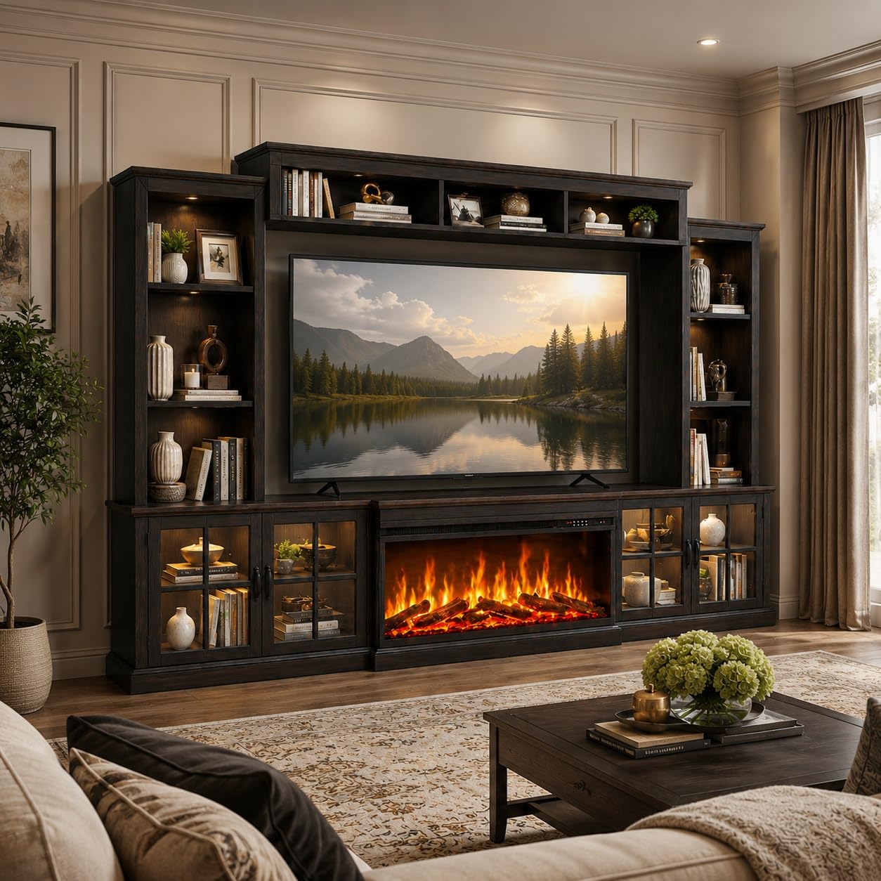 Breezestival Black Farmhouse TV Stand with Fireplace, Entertainment Center, 98" Wall Unit Media Console with Bookshelf, Cabinet & Power Outlets & Barn Doors, Fits TVs Up to 75” for Living Room