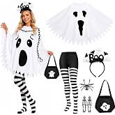 NatuBeau 6 PCS Halloween Costume Set for Women Adult, Perfect for Halloween | All-in-One Halloween Costume Set with Double-Sided Poncho, Striped Tights, Candy Bag, Earrings & Brooch for Halloween Cosplay