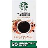 Starbucks VIA Instant Coffee, Medium Roast Coffee, Pike Place Roast, 100% Arabica, Single-Serve, 1 Box (50 Packets)
