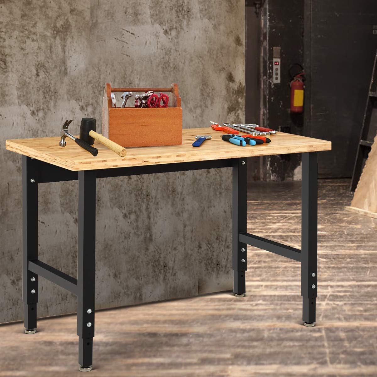 Goplus Adjustable Workbench, 48" 1500 Lbs Bamboo Top Garage Work Bench, Heavy-Duty Steel Work Table Hardwood Workstation, Easy Assembly - - 