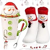 Sliner 4 Pcs Christmas Snowman Gifts Set - Ceramic Coffee Mugs with Lid, Red Spoon, Mini Xmas Keychain, Cute Winter Fuzzy Socks - Thank You, Birthday, Christmas Gifts for Women, Men
