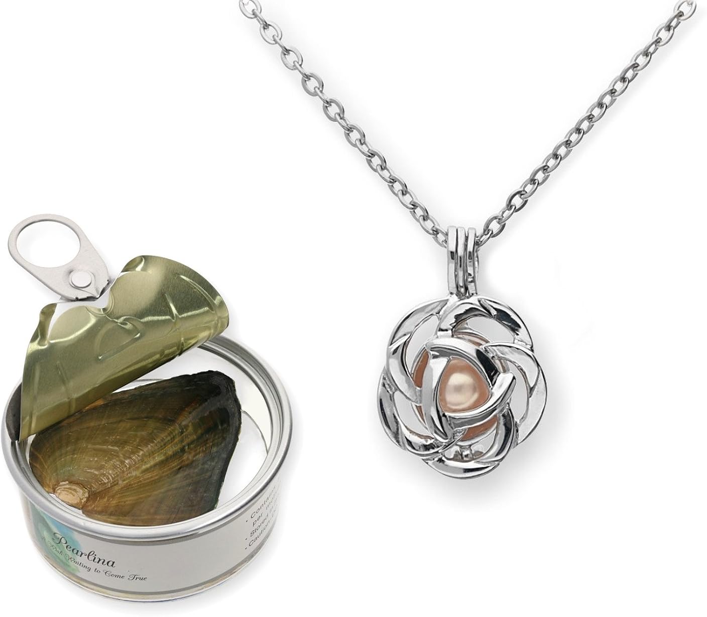 Pearlina Rose Flower Cultured Pearl Oyster Necklace Set Silver-tone Pendant w/ Stainless Steel Chain 18