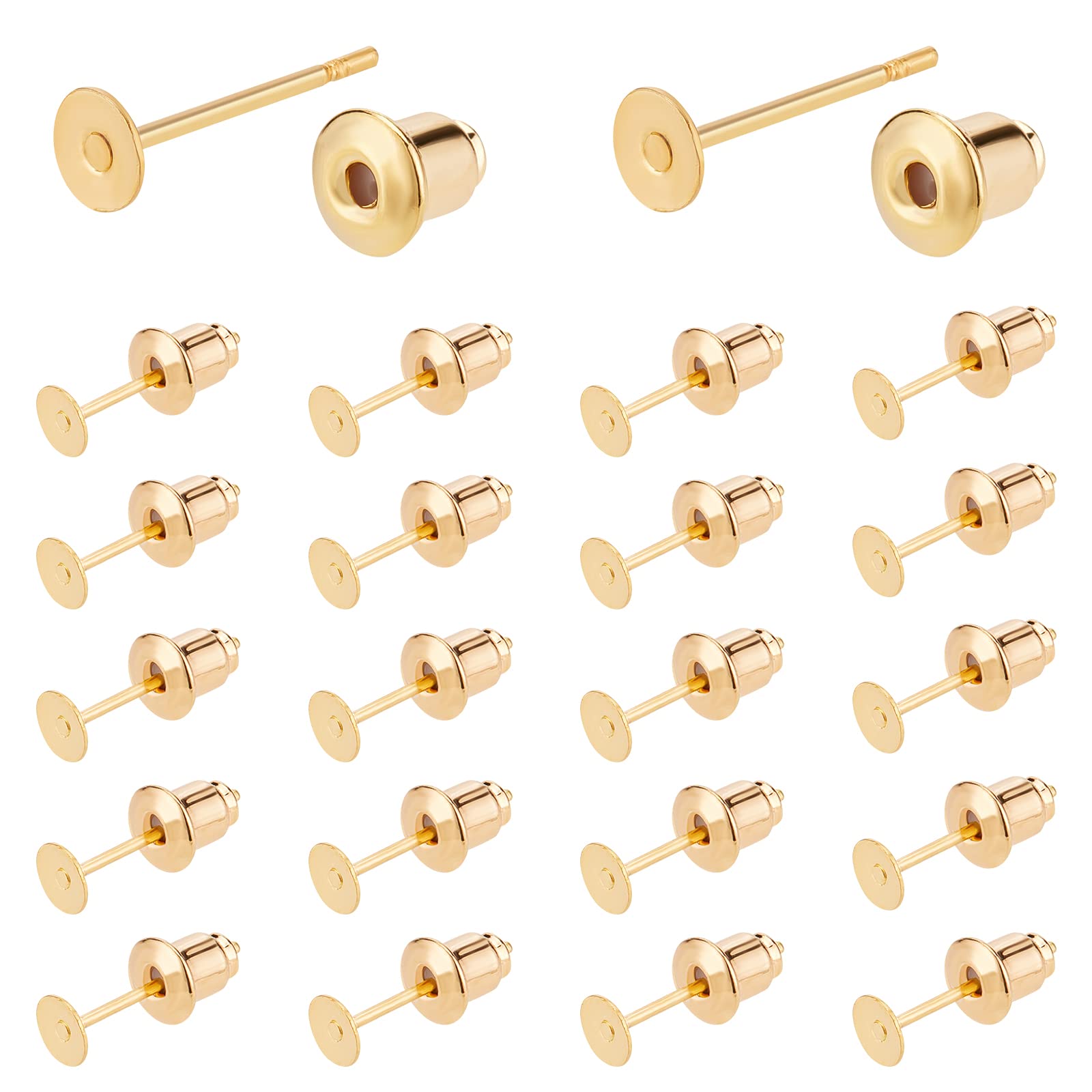 BENECREAT 50Sets 18K Gold Plated Flat Earring Studs with Ear Nuts for DIY Earring Jewelry Making