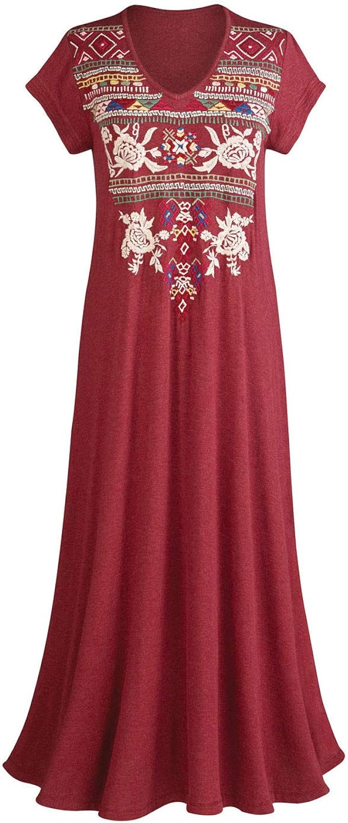 Amazon Com Caite Women S Aztec Embroidered T Shirt Dress Red Maxi Dress Short Sleeve V Neck Clothing
