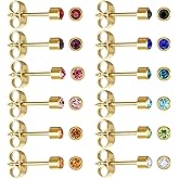 JUSTJANDM 12 Pairs Ear Piercing Stud Earrings for Ear Piercing Guns, Surgical Stainless Steel Multicolor Round Heart Star Cubic Zirconia Birthstone Stud Earrings Set