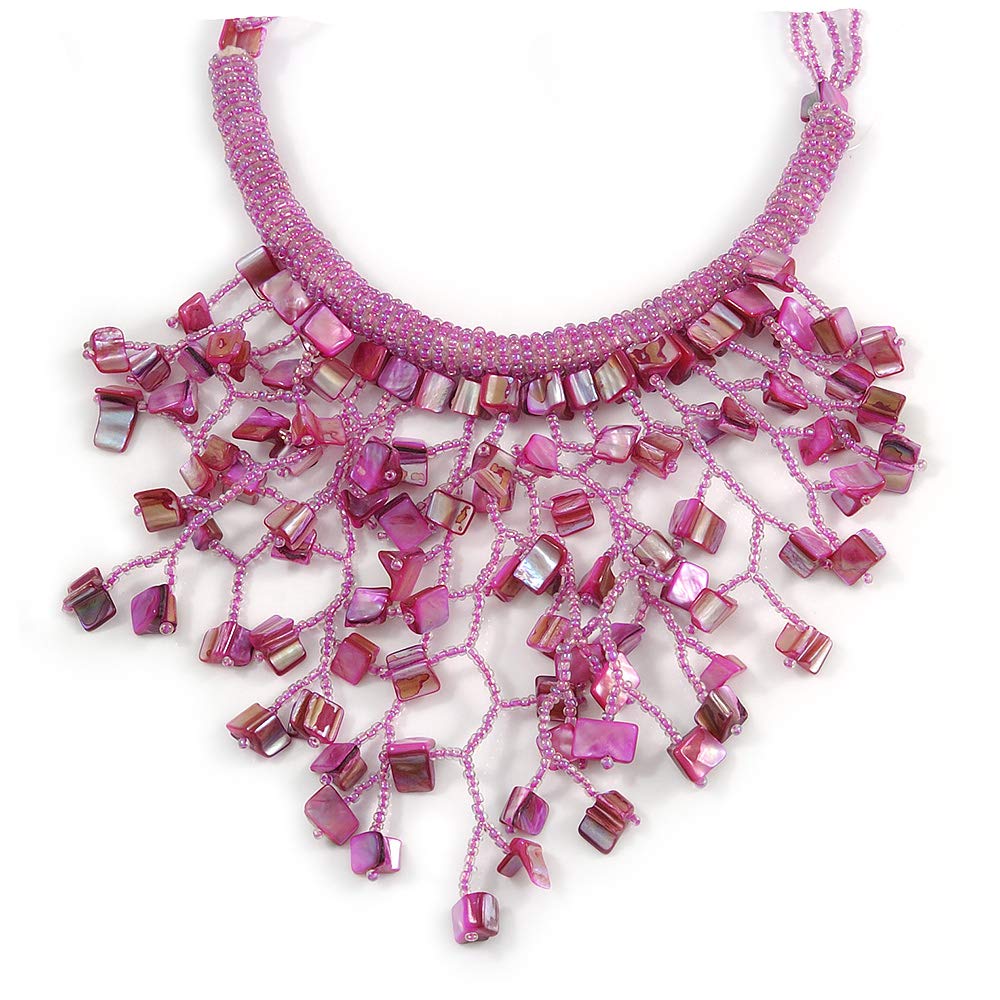 Avalaya Pink Shell Nugget Glass Bead Fringe Necklace/42cm Long/ 11cm Front Drop