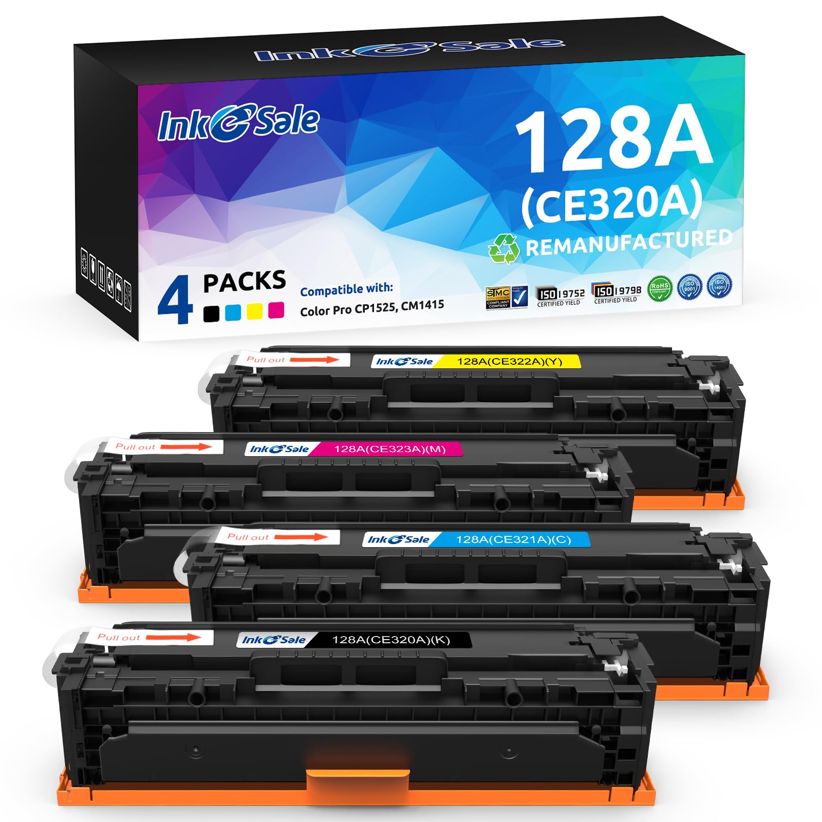 Photo 1 of INK E-SALE Remanufactured Toner Cartridge Replacement for HP 128A CE320A CE321A CE322A CE323A Canon 116 Black Cyan Magenta Yellow Toner Set for HP LaserJet CP1525n CP1525nw CM1415fn CM1415fnw Printer