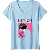 Women's Death Note L Profile in Pink Box with Show Logo Anime V-Neck T-Shirt