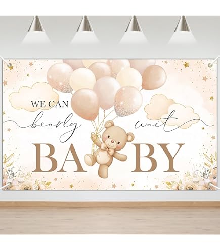 Bear Baby Shower Backdrop We Can Bearly Wait Green Balloon Cartoon Stars Moon Cloud Cute Heart Girl Boy Kids Lovely Decorations Photography Background B - View #3