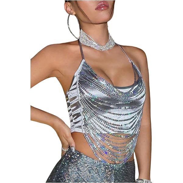 OYOANGLE Women's Halter Rave Top Glitter Sparkly Rhinestone