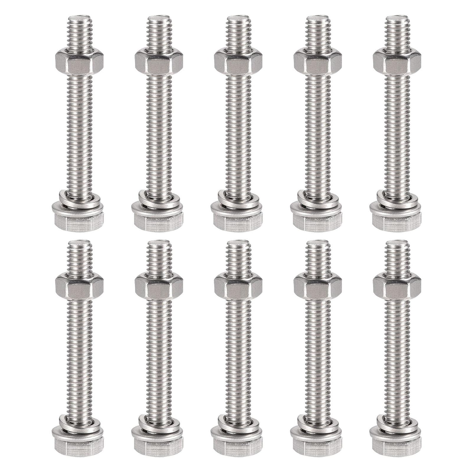 TOP-VIGOR 10Pcs M6 x 45mm Hex Head Screws Bolts, Nuts, Flat & Lock Washers Kits, 304 Stainless Steel Fully Thread Hexagon Bolts for DIY Bike Motorcycles Repair