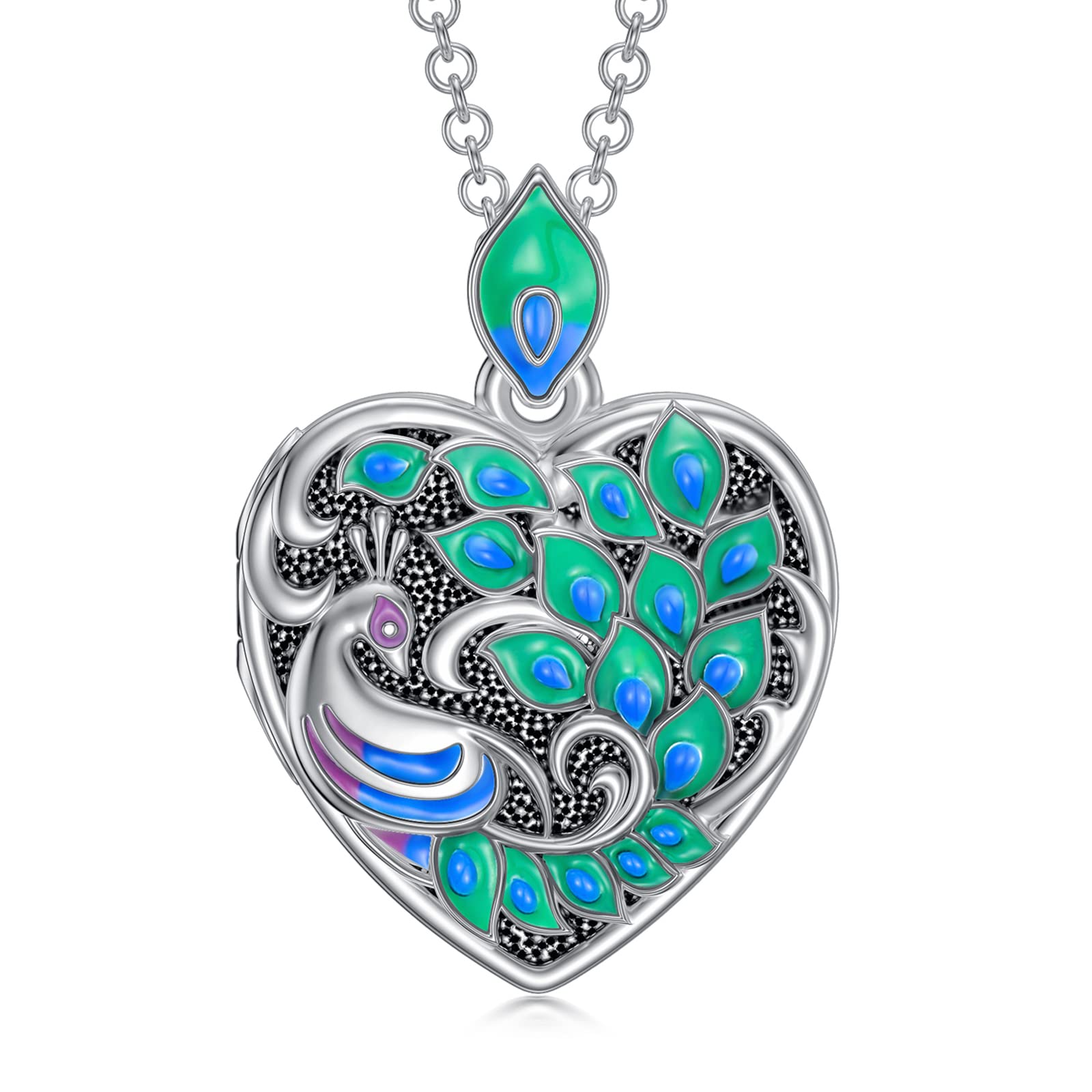 SOULMEET Heart Shaped Exquisite Peacock Locket Necklace That Holds 2 Pictures Photos Sterling Silver Memory Locket Gift for Women(Locket only)