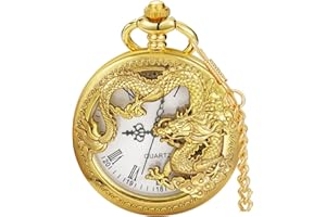 Alwesam Dragon Design Quartz Pocket Watch Roman Numerals with Chain Birthdays Gifts for Father's Days