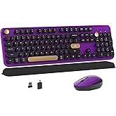 MPTOG Colorful Wireless Computer Keyboard and Mouse Combo with Round Typewriter Keycaps, Retro Design, Power Switch, Ergonomic Design, 2.4GHz Wireless for Windows, Mac, PC(Black-Purple)