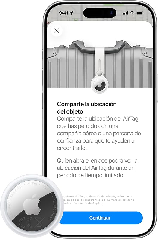 AirTag (2.ª generación): Permite localizar Llaves, Carteras y más; función de localización con Sonido; hasta 1,5 Veces más Alcance en Búsqueda de Precisión