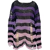 BAIMORE Women's Y2k Grunge Hollow Out Crochet Striped Long Sleeve Ripped Oversized Knit Top