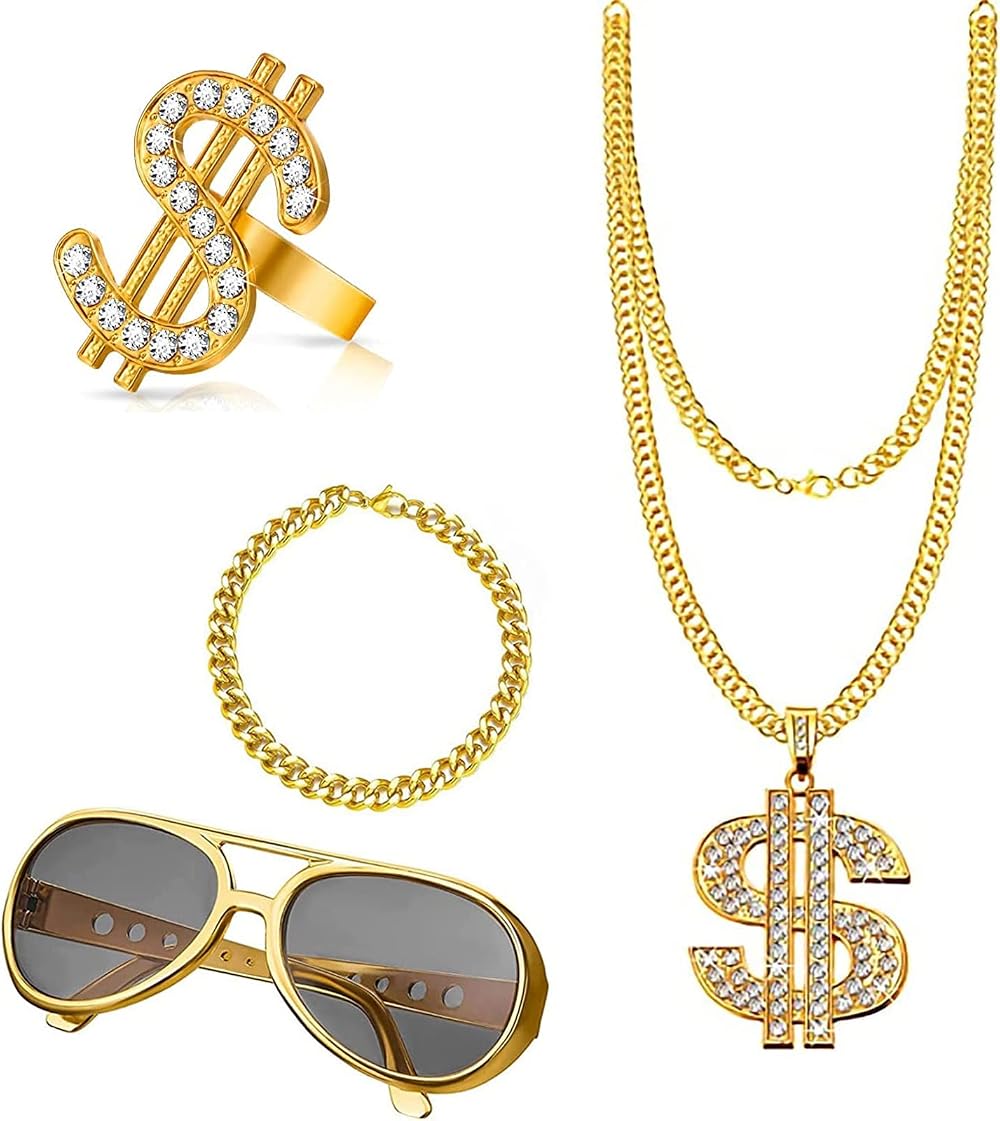 PGKDYC 4Pcs Gold Digger Costume Dollar Necklace Pound Glasses Rapper Hip Hop Set