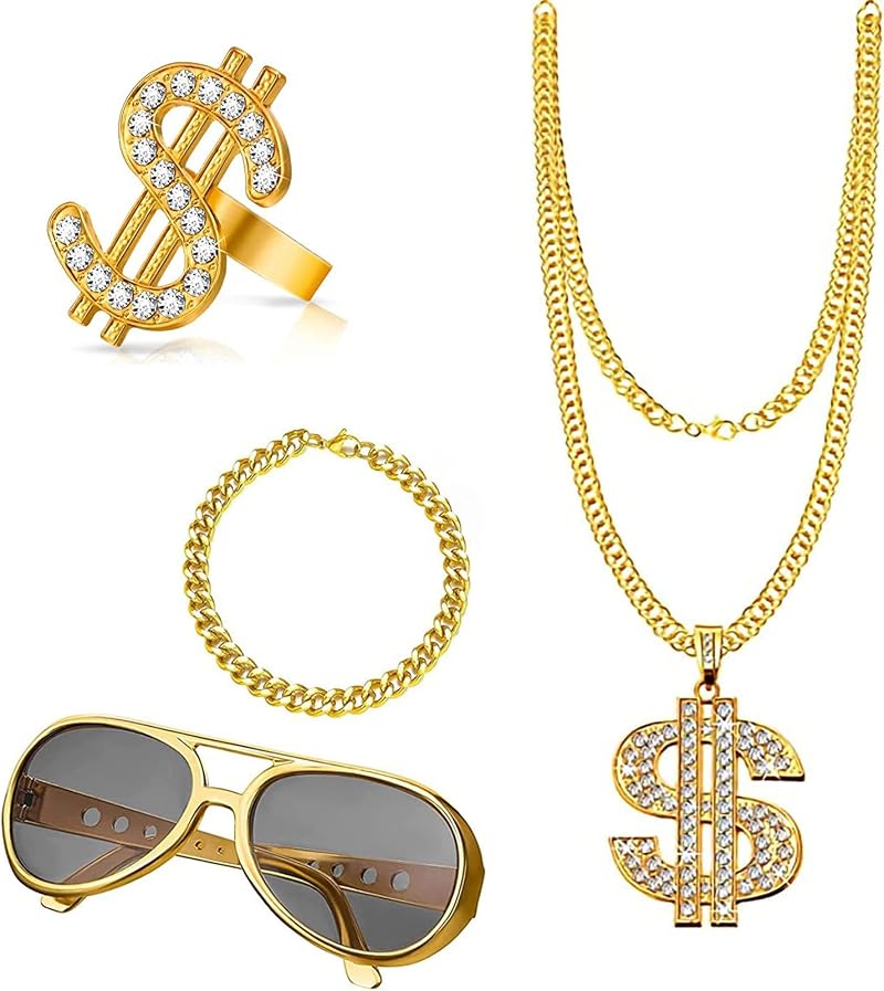 PGKDYC 4Pcs Gold Digger Costume Dollar Necklace Pound Glasses Rapper Hip Hop Set