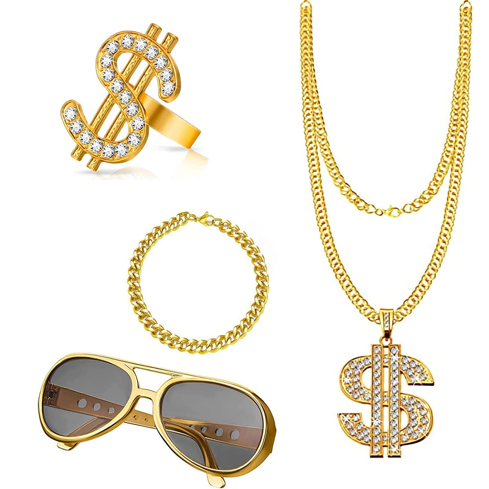 4Pcs Gold Digger Costume - Dollar Sign Necklace, Rapper Costume, Fake Gold Chain, Pound Sign Glasses, Fancy Dress, Hip Hop Costume for Women, Men, Party Supplies