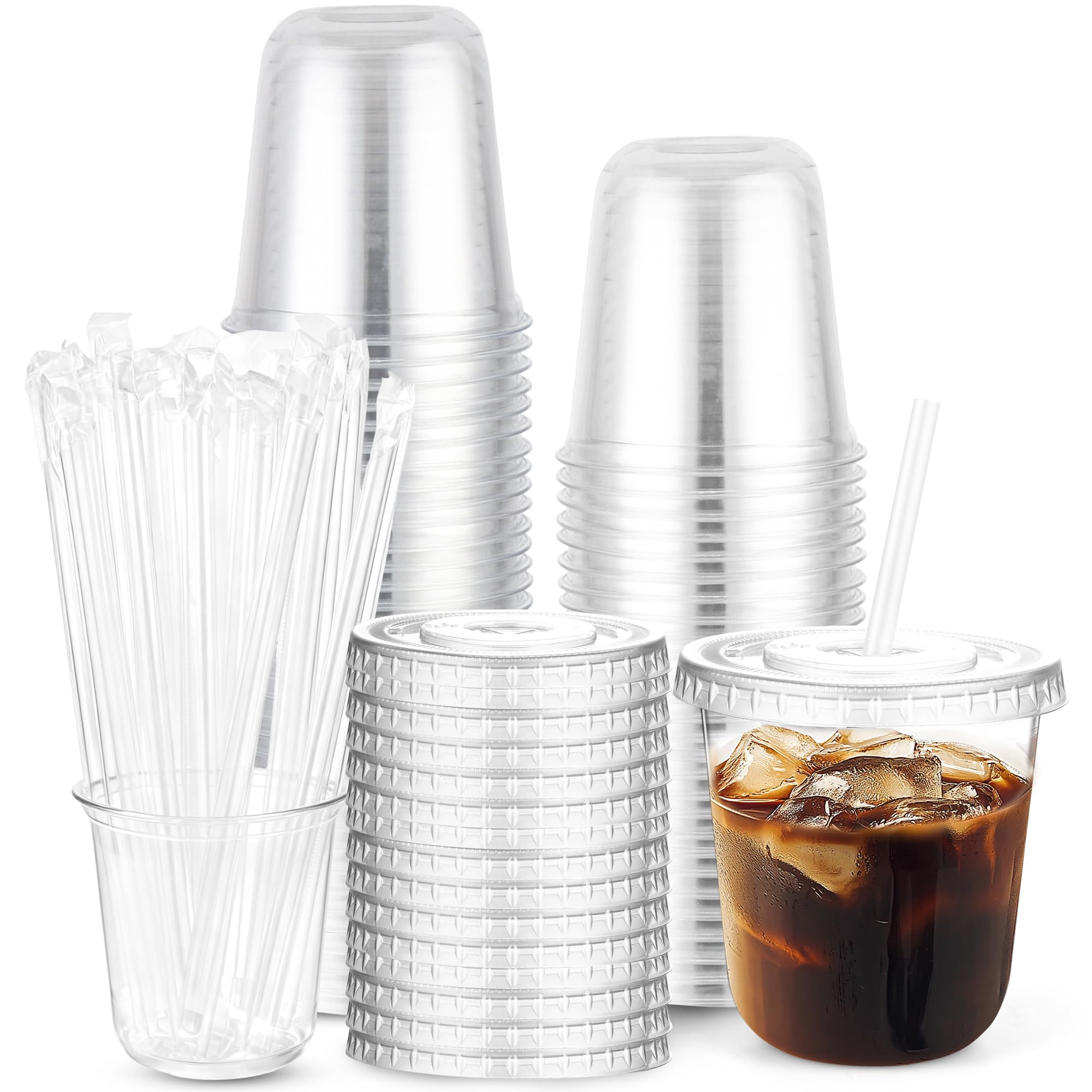 Photo 1 of 12 oz Clear Plastic Cups with Lids and Straws, Disposable Plastic Coffee Cups with Lids for Iced Coffee, Cold Beverages, Smoothies, Coffee Shops, TO-GO Drinking, Party, Christmas, 50 Sets
