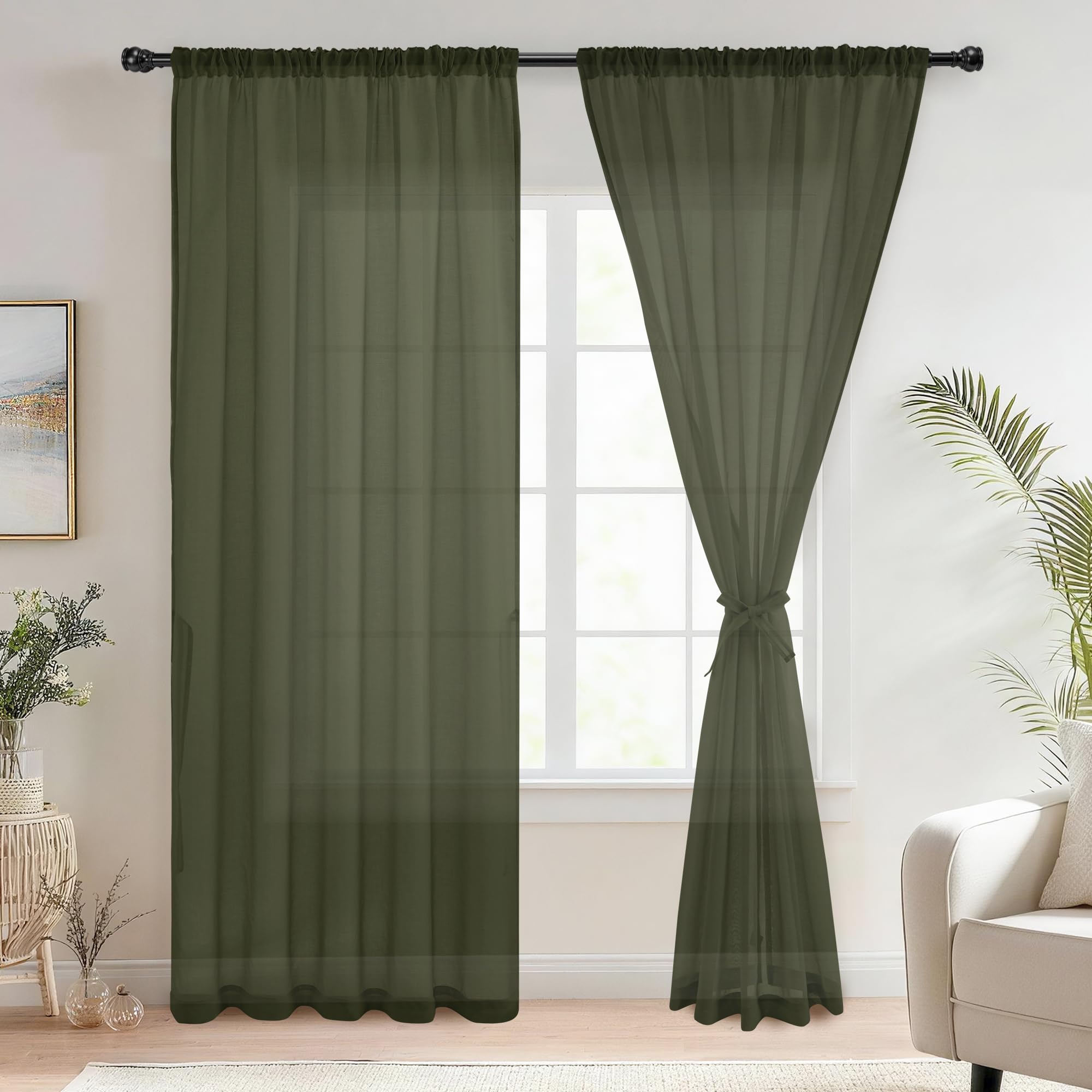 DWCN Voile Curtains Pencil Pleat with Tiebacks Net Curtains Linen Look Sheer Curtains Christmas Decorations 2 Panels, Olive Green, W46 x L90 Inch