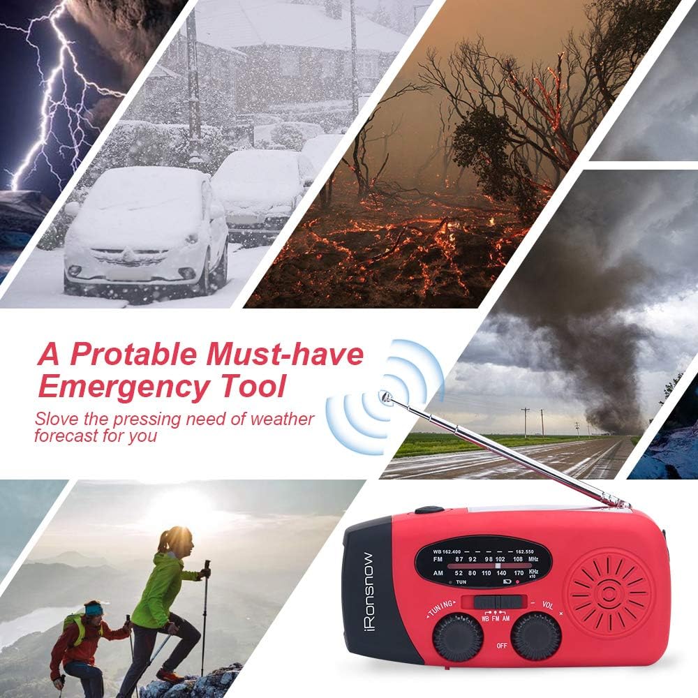 (Classic Creator) iRonsnow Solar Emergency NOAA Weather Radio Dynamo Hand Crank Self Powered AM FM WB Radios 3 LED Flashlight 1000mAh Smart Phone Charger Power Bank(Red): Electronics