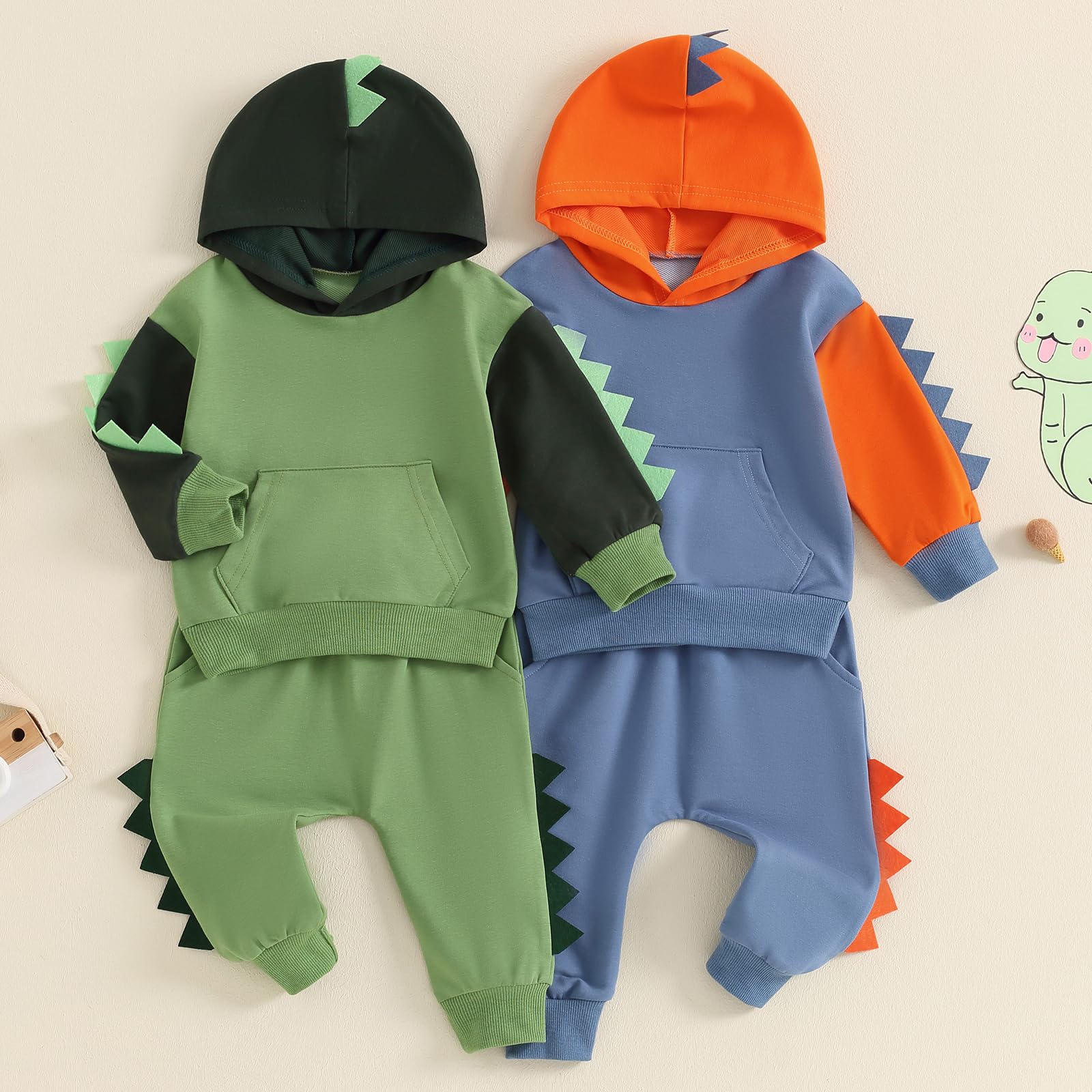 LIOMENGZI Infant Baby Boy Hooded Dinosaur Fall Outfit Contrast Sweatshirt Pant Set Toddler Dinosaur Clothes 6 12 18 Months 2T
