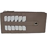 Leatherboss Genuine Leather Women's All in One Credit Business Card Case Holder Slim Zipper Wallet With a Card Protection Strap, Light Brown