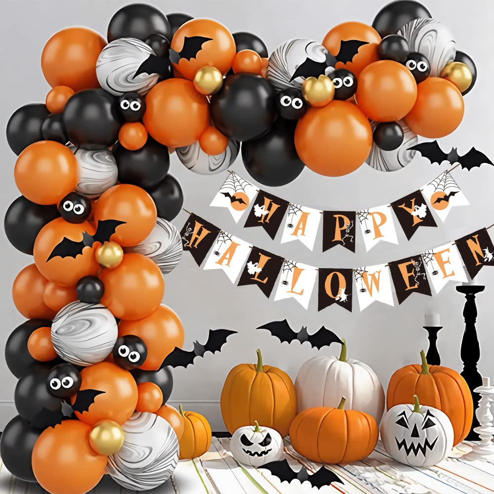 Halloween Balloons Arch Kit,81P Halloween Balloon Garland Kit with Happy Halloween Banner 3D Bat Metallic Chrome Gold Balloons Marble Balloon Orange Black Balloons for Kids Halloween Party Decorations